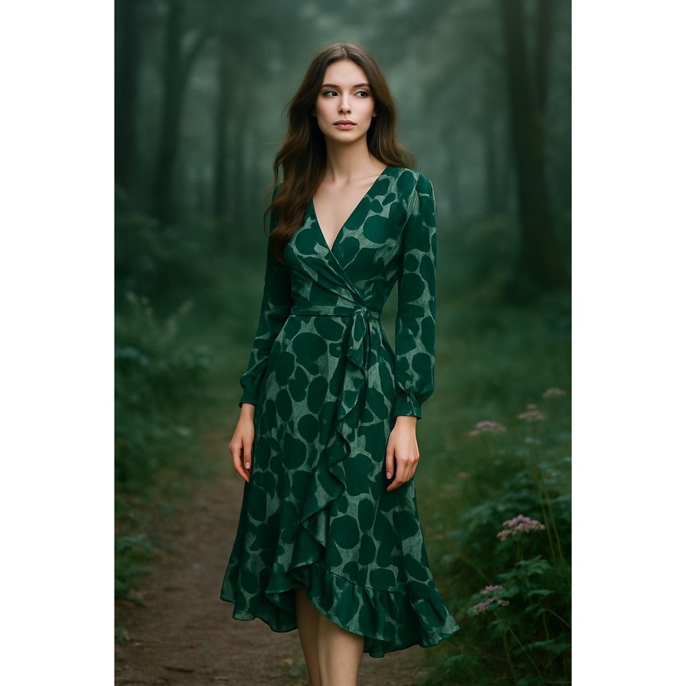 Donna Morgan Floral Wrap Midi Dress Size‎ 6 Forest Green Ruffle Long Sleeve